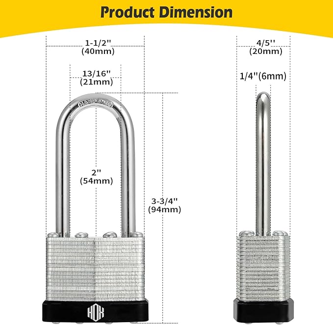 HOX Keyed-Alike Padlocks w/ 2” Long Hardened Shackle, 1-9/16” Wide Body, 12-Pack Shackle Padlock for Hasp Latch, Shed, Fence, Storage Locker, Black