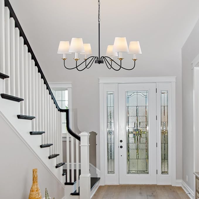 Vintage Chandelier Farmhouse Chandelier for Dining Room - 6 Lights 35.8" Modern Light Fixture, Adjustable Pendant Lighting for Living Room Hallway Bedroom Foyer Black with White Fabric Shade
