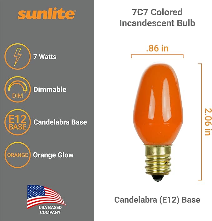 Sunlite 01270 7C7 Incandescent Bulb, 7 Watt, Candelabra E12 Base, C7 Small Night Light, Colored Bulb, Orange, 25 Count
