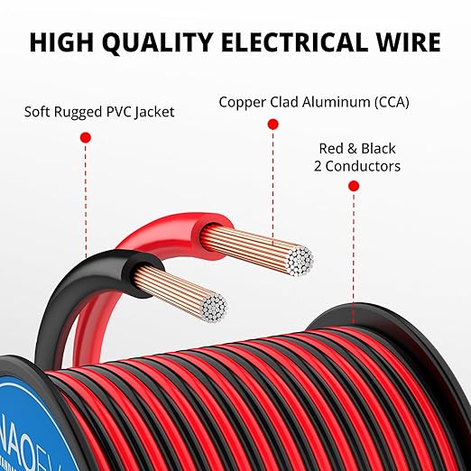 NAOEVO 14 Gauge Wire 300FT, 2 Conductors Electrical Wire Red Black Cable, Flexible/Low Voltage/PVC 14 AWG Copper Clad Aluminum Extension Cord for Speaker, LED Strips, Automotive 12V/24V DC