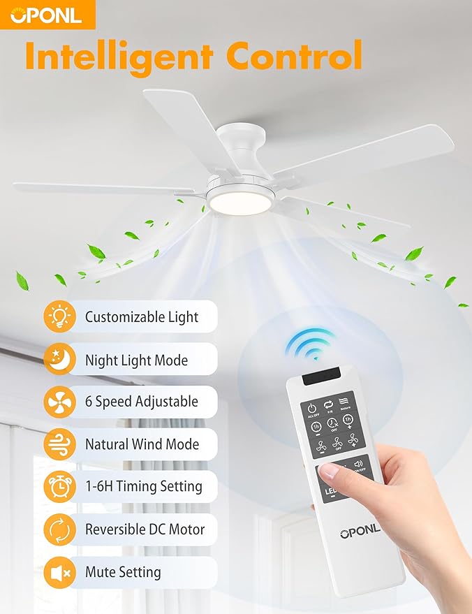 52 Inch White Ceiling Fan with Light with Remote Control, Large Air Volume, modern ceiling fan with light for Bedroom Kitchen Dining room Patio- Flush Mount