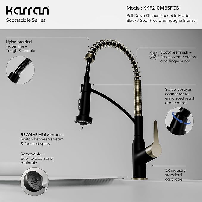 Karran Scottsdale Single-Handle Pull-Down Sprayer Commercial Style Kitchen Faucet in Matte Black/Spot-Free Champagne Bronze