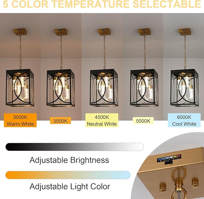 4-Lights Large 5CCT LED Outdoor Pendant Light Fixture, Porch Hanging Lighting Build-in LED Chips, Modern Exterior Lantern Chandelier Ceiling Mount for Patio Front Door