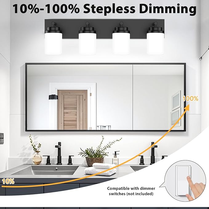 4-Light Bathroom Light Fixtures, Modern LED Vanity Light with White Glass Shade, Matte Black Bathroom Light Fixtures Over Mirror, for Mirror Living Room Cabinet Bedroom, 27 inch