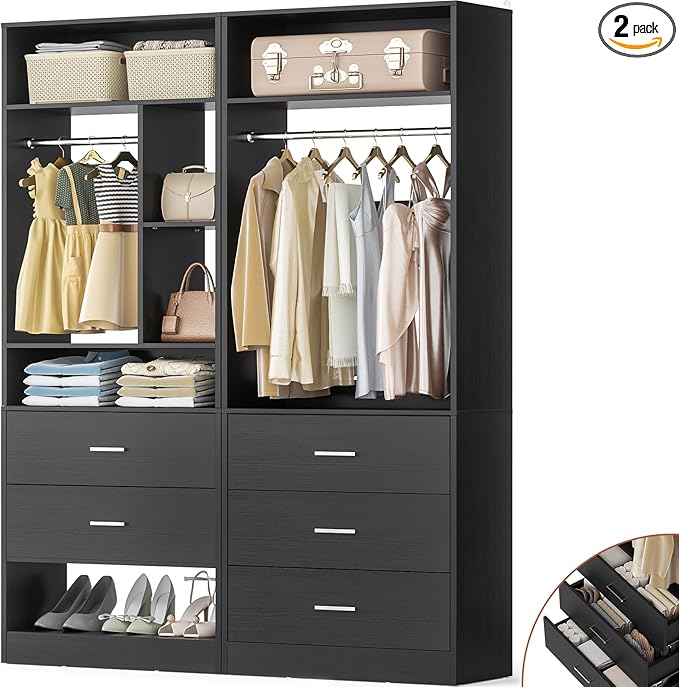 4FT Closet Systems with 5 Wood Drawers, 48 Inch Closet Organizer System with 2 Hanging Rods & 7 Shelves, Heavy Duty 48" Walk-in Closet, Black (48"L x 15" W x 80" H)