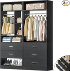 4FT Closet Systems with 5 Wood Drawers, 48 Inch Closet Organizer System with 2 Hanging Rods & 7 Shelves, Heavy Duty 48" Walk-in Closet, Black (48"L x 15" W x 80" H)