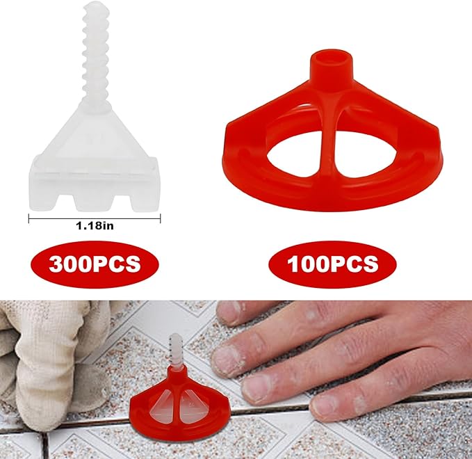 Tile Leveling Kit Tile Leveling System Clips Tile Anti-Loosening and Spacing System Kit (1/16"-300pcs White Base Tile Spacers + 100pcs Red Cap)