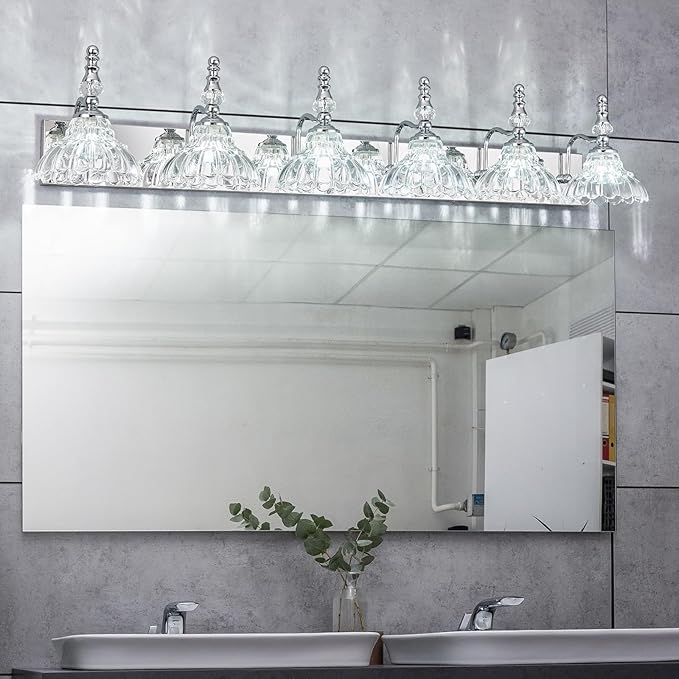 Vintage Bathroom Vanity Light, 6-Light Chrome Vanity Lighting Fixture with Flower Glass Shade, Bathroom Lighting Fixtures Over Mirror