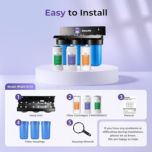 iSpring Anti-Scale Whole House Water Filter System, Reduces up to 99% Chlorine, Odor, and Sediments, 3-Stage Water Descaler and Water Filter, 1" Inlet/Outlet, Model: WGB31B-DS