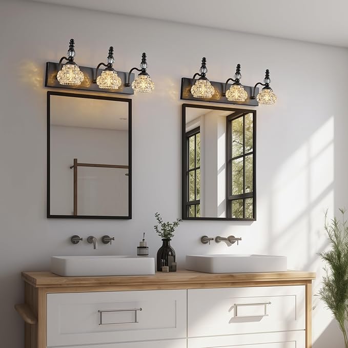 Modern Crystal Bathroom Vanity Light Black Vintage Bathroom Light Fixtures 3-Lights Glass Crystal Vanity Lights