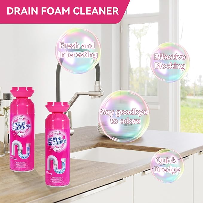 Foaming Drain Cleaner, Sink Cleaner and Deodorizer, Drain Clog Remover for Kitchen Sinks, Tubs, Shower Drains (2pcs, Count, 2)
