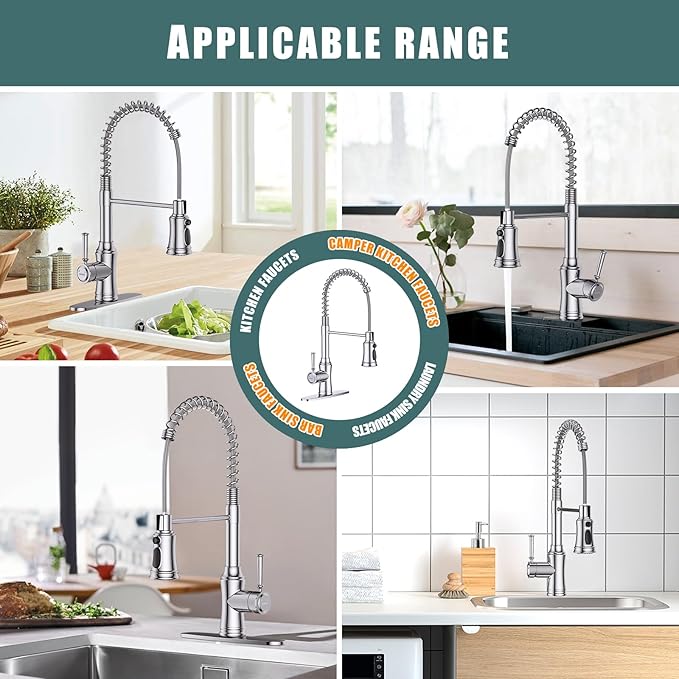Kitchen Faucet with Pull Down Sprayer, Hurran Commercial Stainless Steel Kithcen Faucets, Single Handle Spring Faucets for Kitchen Sink, Sink Faucet for Farmhouse Wet Bar or RV, Chrome