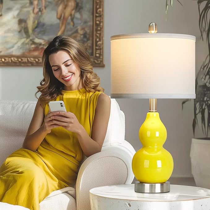 Double Gourd Ceramic Table Lamps Set of 2, Yellow Modern Bedside Lamps for Living Room, Contemporary Nightstand Desk Lamps for Bedroom End Table Home Office Decor(2 LED Bulbs Included)