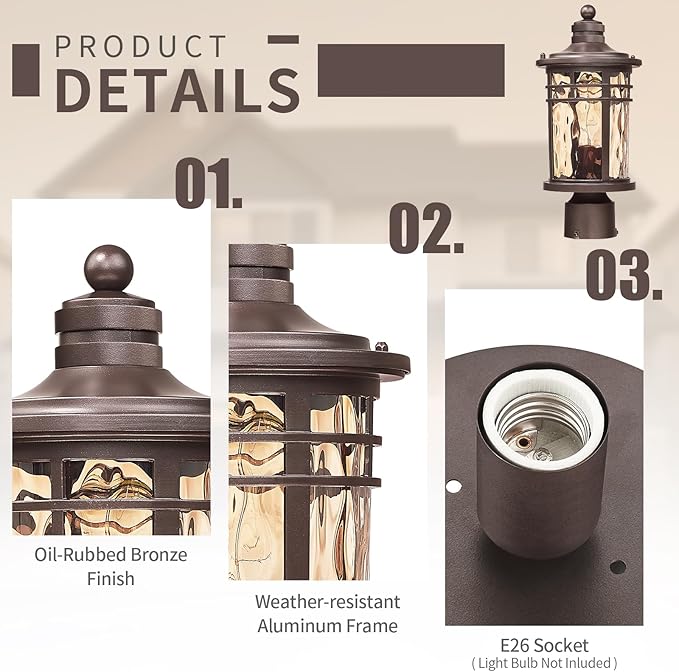 Darkaway Outdoor Post Light,Lamp Post Light Fixture, Waterproof Aluminum Housing with Amber Ripple Glass for Garden Patio Pathway Entry