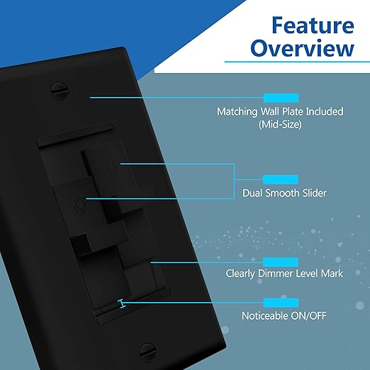 LIDER Combination Dual Dimmer Light Switch Control, 2 Sliding Light Controls, Single Pole, 400W CFL/LED, 600W Incandescent/Halogen, UL Listed, Wall Plate Included, Black, 2 Pcak