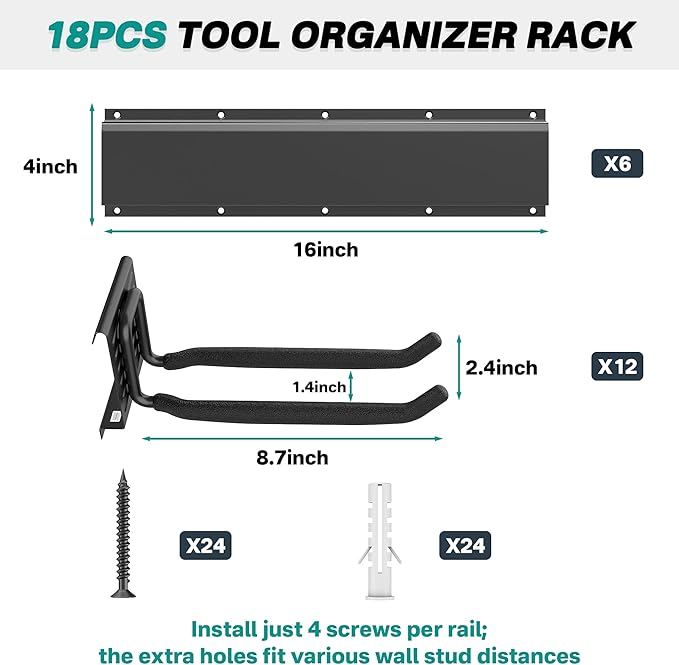 EVERHANGER Garage Tool Storage Organizer, Wall Mount Garden Tool Rack Organization, Heavy Duty Folding Chair Hangers with 12 Adjustable Hooks, Max Load 900lb, 96inch