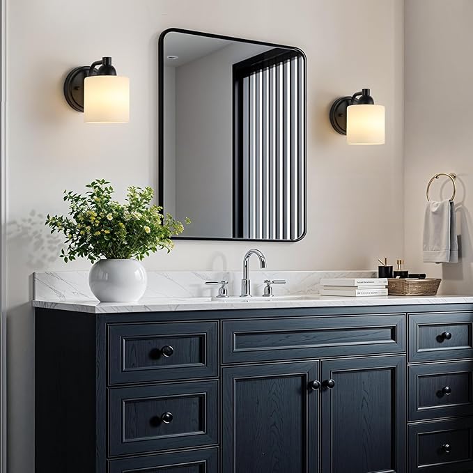 Matte Black Milk Glass Wall Sconces, 1 Pack Hardwired Indoor Wall Light Fixtures for Living Room, Hallway, Bedroom, Ceramic E26 Sockets (Bulbs Not Included)