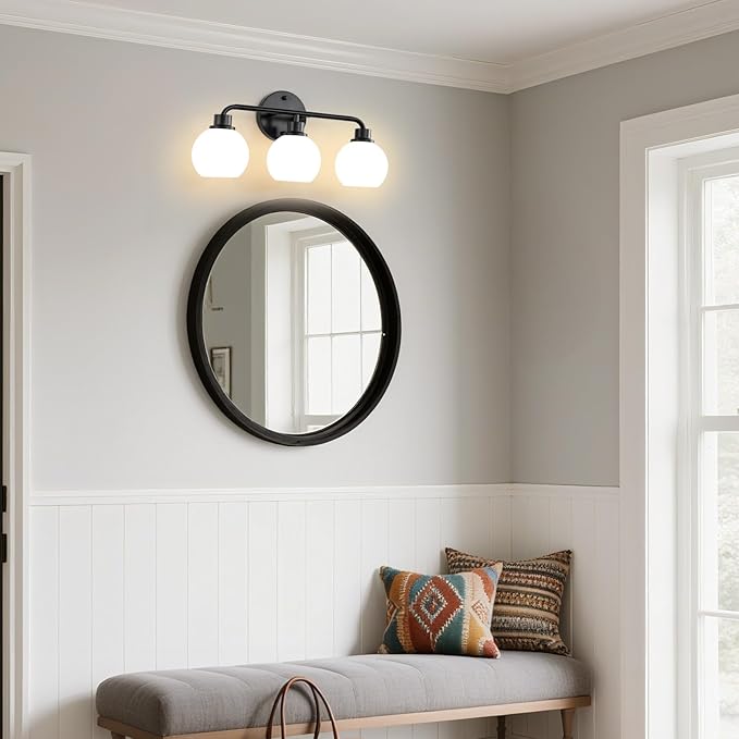 Bathroom Light Fixtures Black Vanity Light, 3 Light Wall Sconces Lighting Bathroom Lights with Milk Glass Shades, Bath Wall Lights Wall Lamp for Mirror, Kitchen, Living Room, Bedroom, Hallway