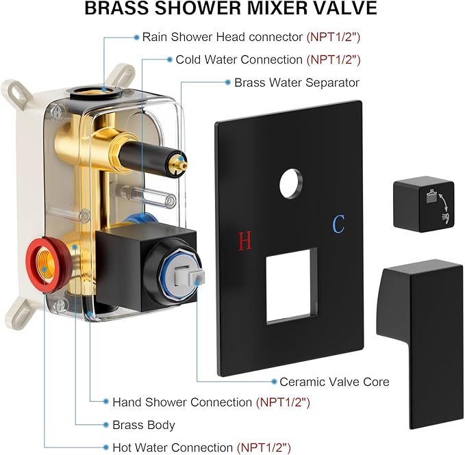 Black Shower Faucet Set, Rainfall Shower System with Square Shower Head and Handle Set, Wall Mounted Shower Fixtures, Full Metal Trim Repair Kit 12 inch Matte Black (With Shower Valve)