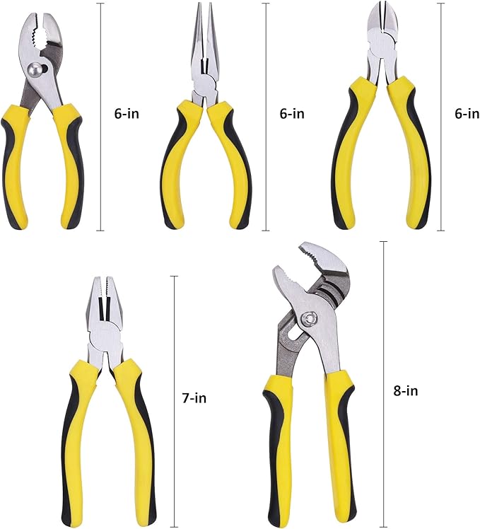 TOPLINE 5-Piece Pliers Set, Pliers Tool Set Included 8" Groove Joint, 7" Linesman, 6" Long Nose, 6" Slip Joint, 6" Diagonalfor Basic Home Maintenance