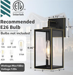 Outdoor Wall Light Fixture, Black Exterior Lantern with Clear Tempered Glass for Front Porch, Gold Trim Design, 2-Pack, E26 Base, Lanterns for Lighting, Lights for Wall mounting