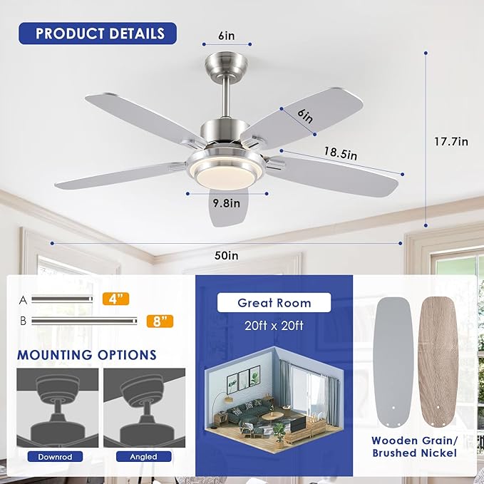 50inch Brushed Nickel Ceiling Fan with Light - Quiet Reversible DC Motor 5 Dual-Finish Blades Dimmable 3-Color LED for Bedroom Living Room Indoor