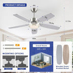 50inch Brushed Nickel Ceiling Fan with Light - Quiet Reversible DC Motor 5 Dual-Finish Blades Dimmable 3-Color LED for Bedroom Living Room Indoor