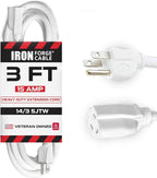 Iron Forge Cable Weatherproof 3 Ft Outdoor Extension Cord - 14/3 SJTW Heavy Duty White Extension Cord 3 Prong - 15 Amp Exterior Power Cable