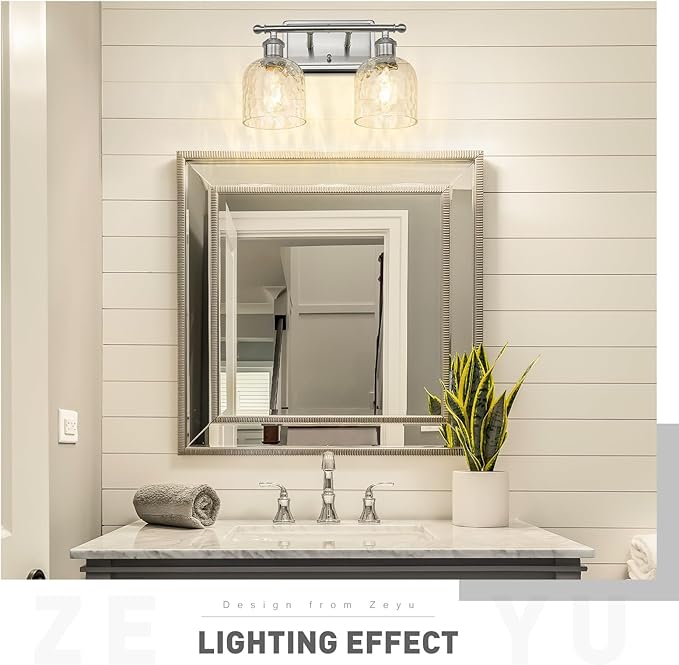 zeyu 14 Inch Modern Vanity Lighting Fixtures, 2 Light Bathroom Vanity Light for Mirror Bedroom, Brushed Nickel Finish with Clear Hammered Glass, ZJF63B-2W BN