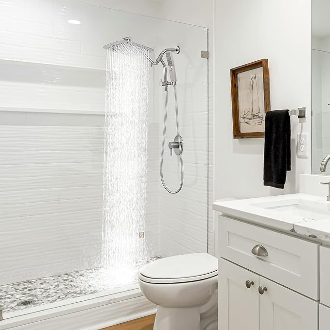 G-Promise All Metal 12 Inch Shower Head with Massage Mode Handheld, Rain Shower Head with Handheld Spray Combo, 3-Way Diverter with Pause Setting, 11 Inch Adjustable Extension Arm (Brushed Nickel)