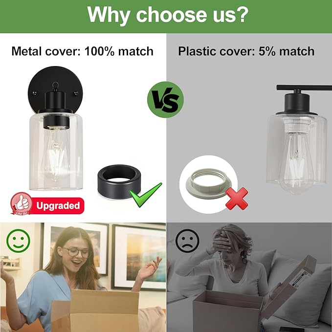 Set of 2 Wall Sconces for Bathroom,Black Modern Vanity Lights with Clear Glass Shade,Bathroom Wall Lamp for Mirror Kitchen Living Room Hallway Cabinet Porch