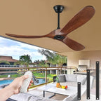 52" Ceiling Fans Without Lights, Solid Wood Ceiling Fan with Remote Control and DC Motor, Ceiling Fan no Light with 3 Blades, Indoor Outdoor Ceiling Fans for Patios, Bedroom- Dark Walnut