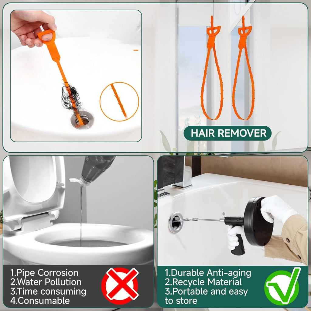 Drain Snake Auger 33 Feet，Spiral Drill Drain Cleaner for Toilet, Sink, Shower & Bathtub，Hair & Blockage Removal Tool ，Reusable Eco-Friendly Kit with Gloves & Safety Glasses