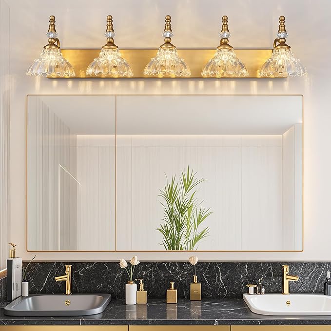 Vintage Bathroom Vanity Light, 5-Light Brass Vanity Lighting Fixture with Flower Glass Shade, Bathroom Lighting Fixtures Over Mirror