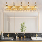 Vintage Bathroom Vanity Light, 5-Light Brass Vanity Lighting Fixture with Flower Glass Shade, Bathroom Lighting Fixtures Over Mirror