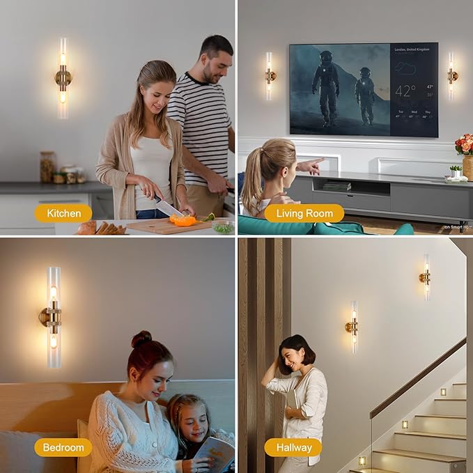 E26 Brushed Brass 2 Light Vanity Lights, Farmhouse Gold Modern Bathroom Wall Lamps with Glass Shade