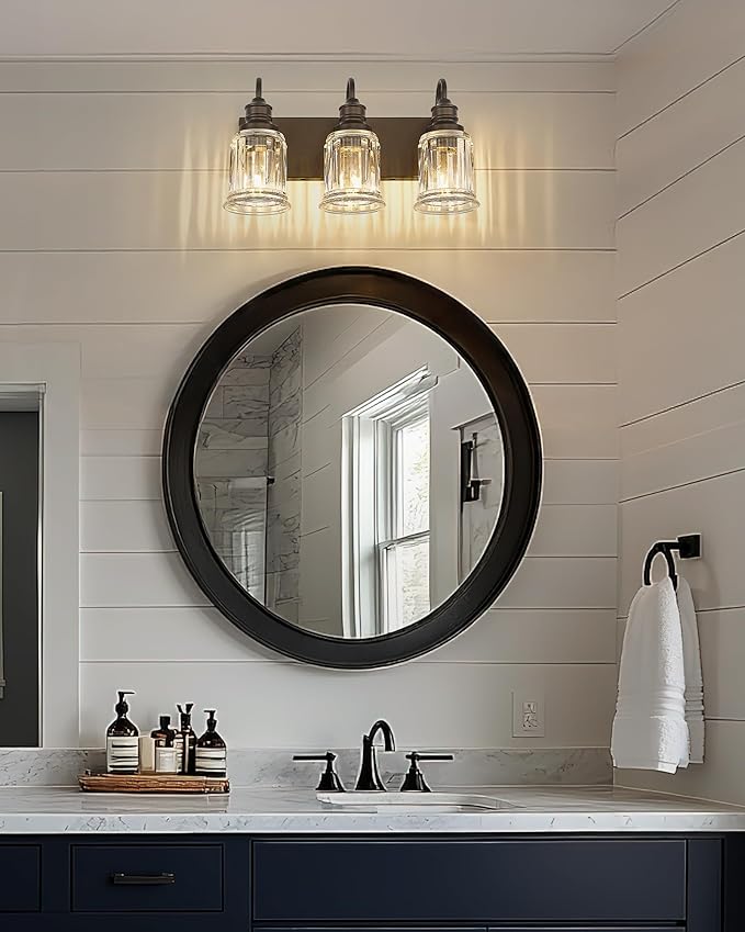 3 Light Bathroom Vanity Light - HWH Bathroom Lights Over Mirror Farmhouse Vanity Sconce Wall Lighting with Bell-Shaped Clear Glass, Oil-Rubbed Bronze Finish, 5HZG106B-3W ORB