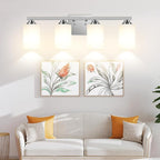 4-Light Bathroom Light Fixtures, 27" Modern Vanity Lights Over Mirror with Milky White Glass Shade, Brushed Nickel Wall Sconce, Classic Wall Light Fixture for Mirror Living Room Cabinet Bedroom Porch