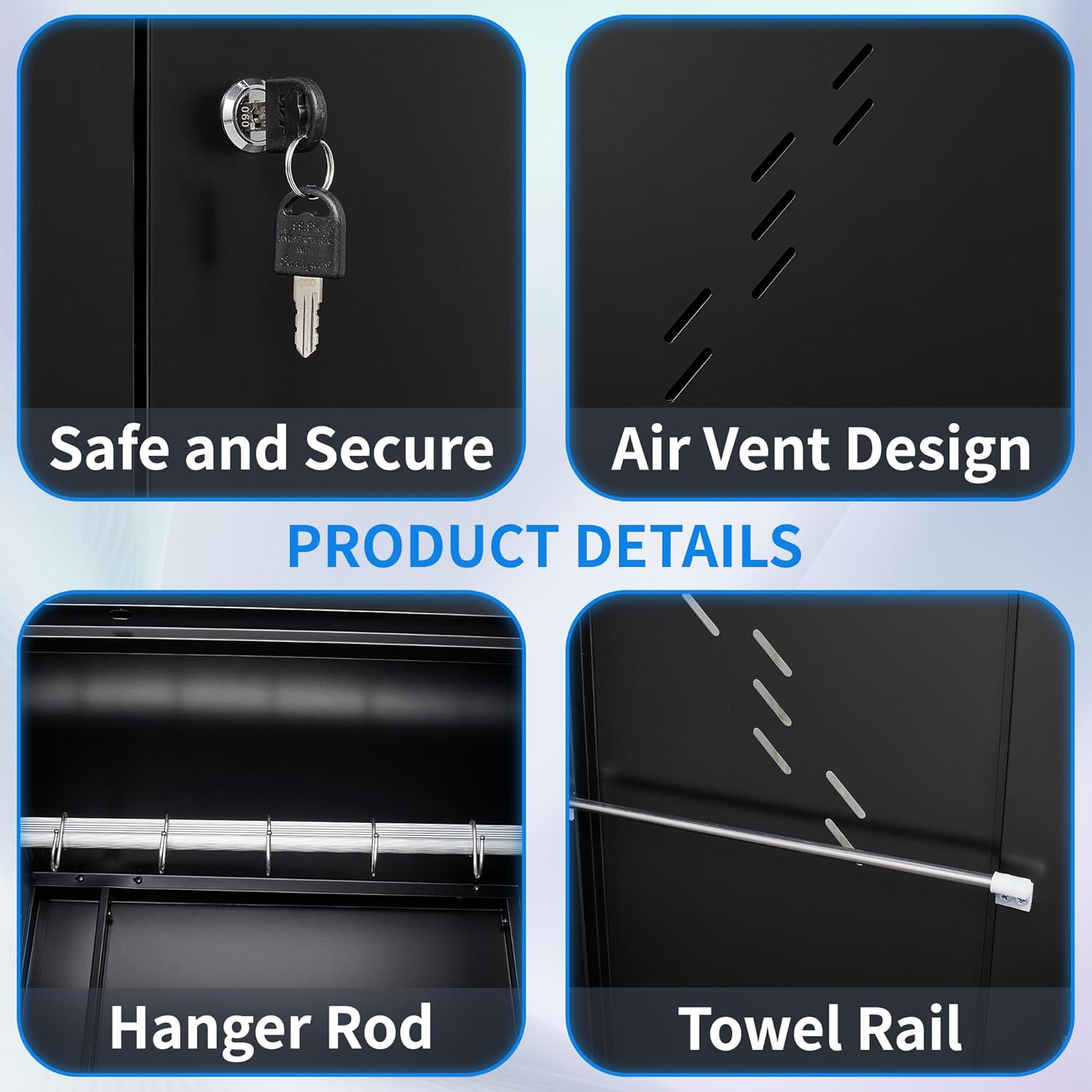 71'' Metal Storage Cabinet with Doors, Multifunctional Bathroom/Garage Lockable Steel Cabinet, Broom Closet Storage with Hanging Rod (Style-1)