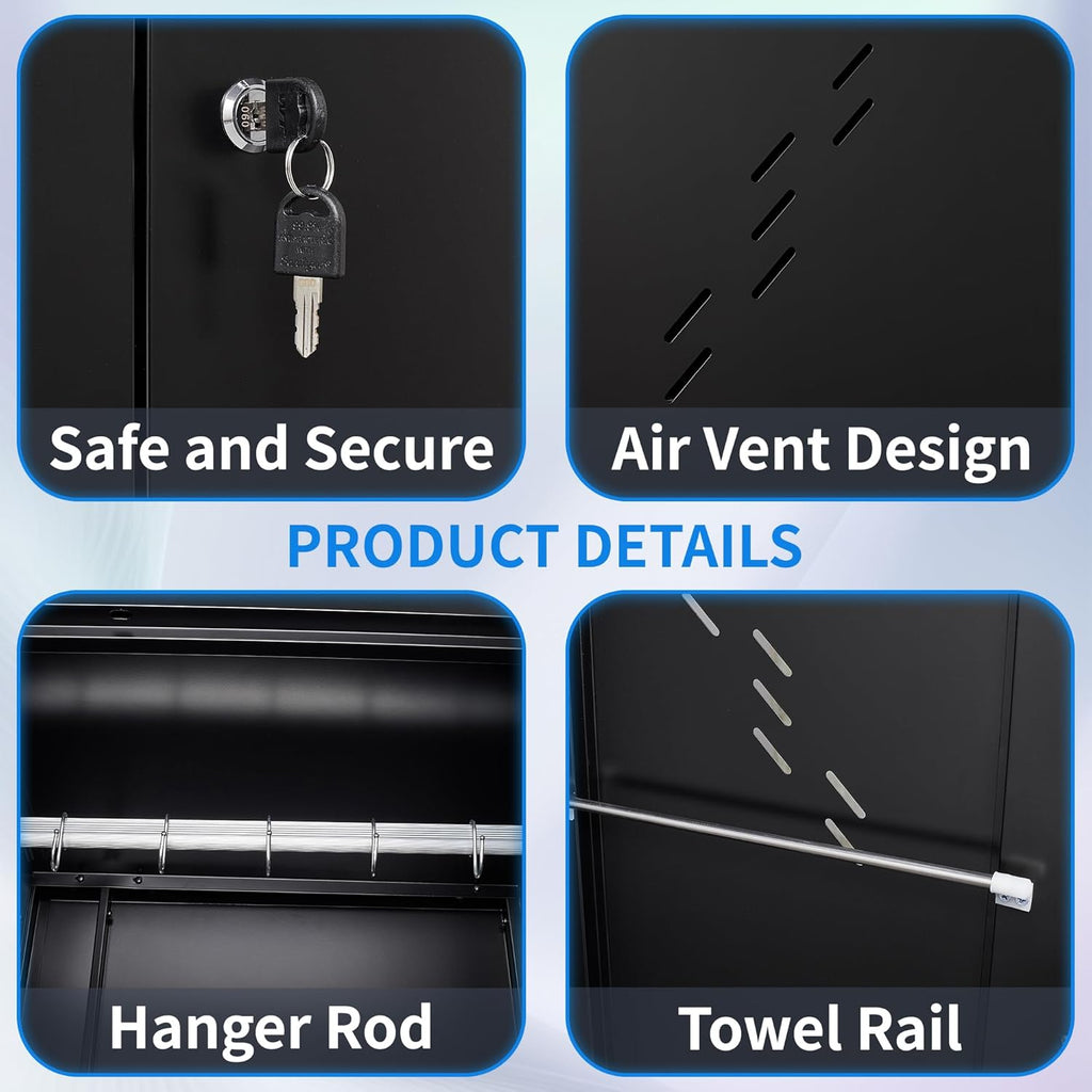 Metal Storage Cabinet with Lock Door, 75" Tall Garage Storage Cabinet with Hanging Rod, Broom Closet Bathroom Storage Cabinet, Cleaning Tool Cabinet