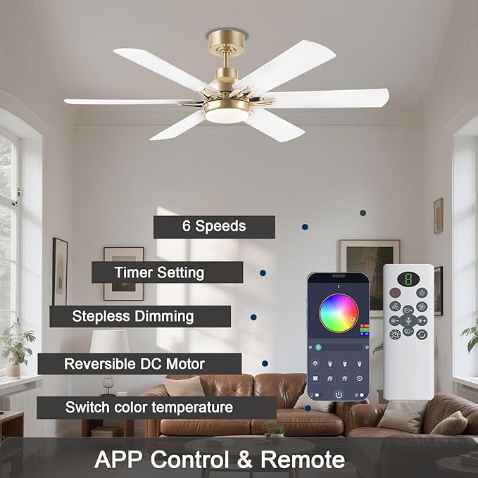 52in Ceiling Fans with Lights RGB Ceiling Fan with Light and Remote/APP Control,Low Profile Ceiling Fans with Lights for Bedroom,Living Room,Kids Room,3CCT Dimmable Modern Ceiling Fan, 8 Speeds,white