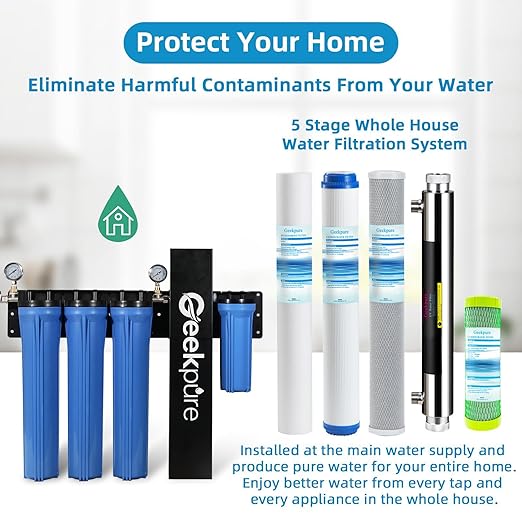 Geekpure 5 Stage Whole House Water Filter System with 2.5 x 20 5 Micron PP Sediment + Carbon Filters and 6 GPM UV