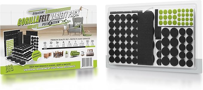 Slipstick Gorilla Felt Furniture Pads (189 Piece Variety Pack) Premium Furniture Pads & Chair Leg Floor Protectors for Hardwood Floors & Hard Surfaces
