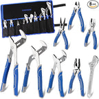COMOWARE Large Pliers & Wrench Set 8Pcs with Pouch(12", 10", 8" Groove Joint Pliers, 8" Adjustable Wrench, 8" Linesman, 6" Long Needle Nose, 6" Slip Joint, 6" Diagonal) for Home & DIY