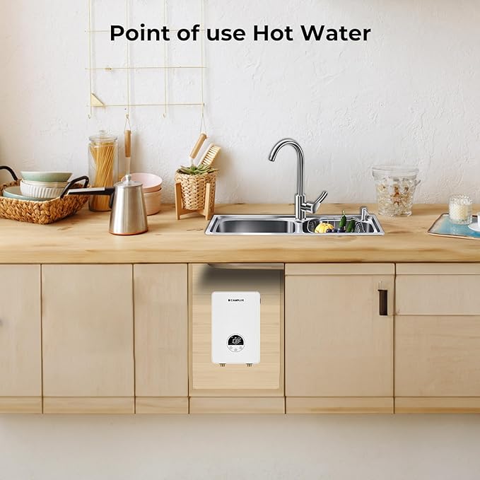 CAMPLUX Tankless Water Heater Electric 6kW at 240 Volts, Point of Use Instant Hot Water Heater CSA Approved with Temperature Display, Under Sink Self Modulating Technology, White