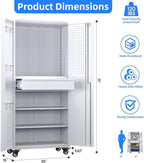 71" H Garage Storage Cabinet with Wheels, Drawer, Pegboard and 16 Hooks, Metal Tool Storage Cabinet with Locking Doors and 2 Adjustable Shelves for Garage, Warehouse, Home, White