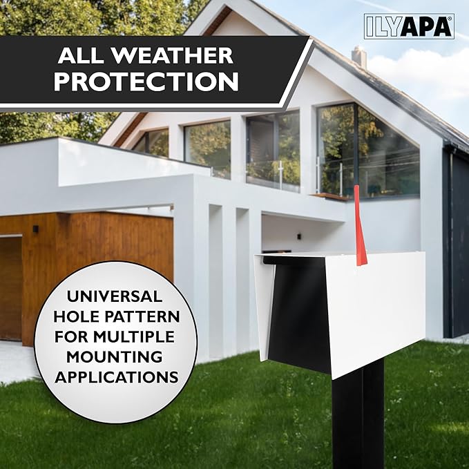 Ilyapa Modern Mailbox for Post Mount - White with Black Door Powder Coated Steel, Waterproof Letter Box for Parcels, with Recessed Magnetic Close Door