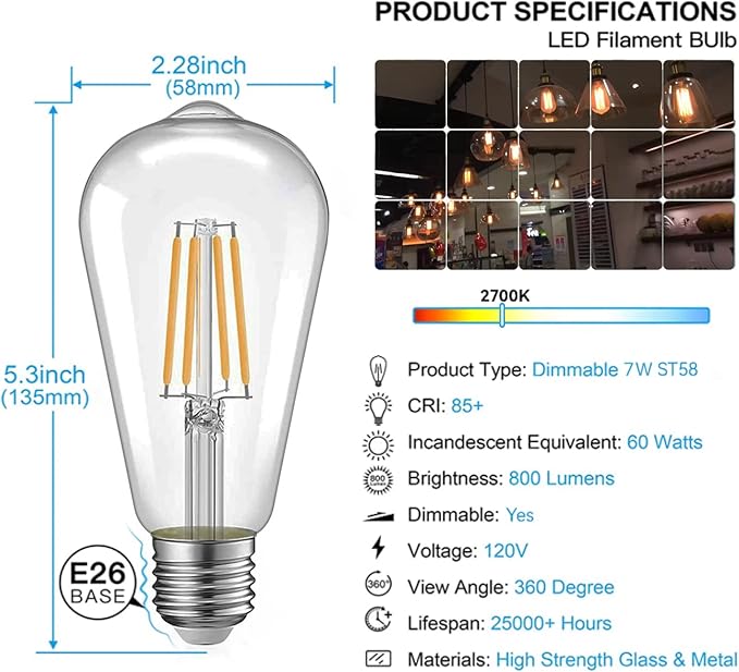 Jensense Edison LED Light Bulbs E26 Bulb 60 watt Equivalent Dimmable Light Bulbs 2700K Warm Soft White Vintage 7W Edison Bulbs 110V 120V 800 Lumen CRI90, 12 Pack