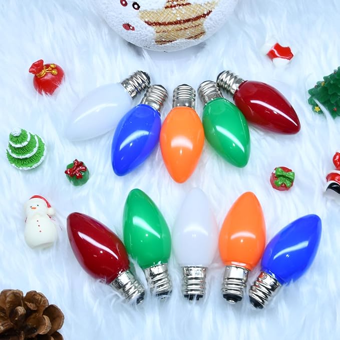 C7 LED Multicolor Replacement Light Bulbs for Christmas Strings Light, 25 Pack 0.6W E12 LED Light Bulbs for Hanging Outdoor String Lights, E12 Candelabra Base (Red, Blue, Green, Orange, White)