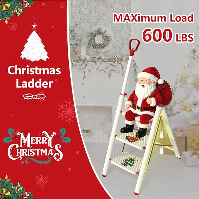 3 Step Ladder, Christmas Tree 3 Step Ladder with Single-Handrail, 3 Step Stool with Anti-Slip Pedals for Home Kitchen,Xmas Decoration Ladder for Tree and Holiday Decoration,600lbs Max Load Capacity